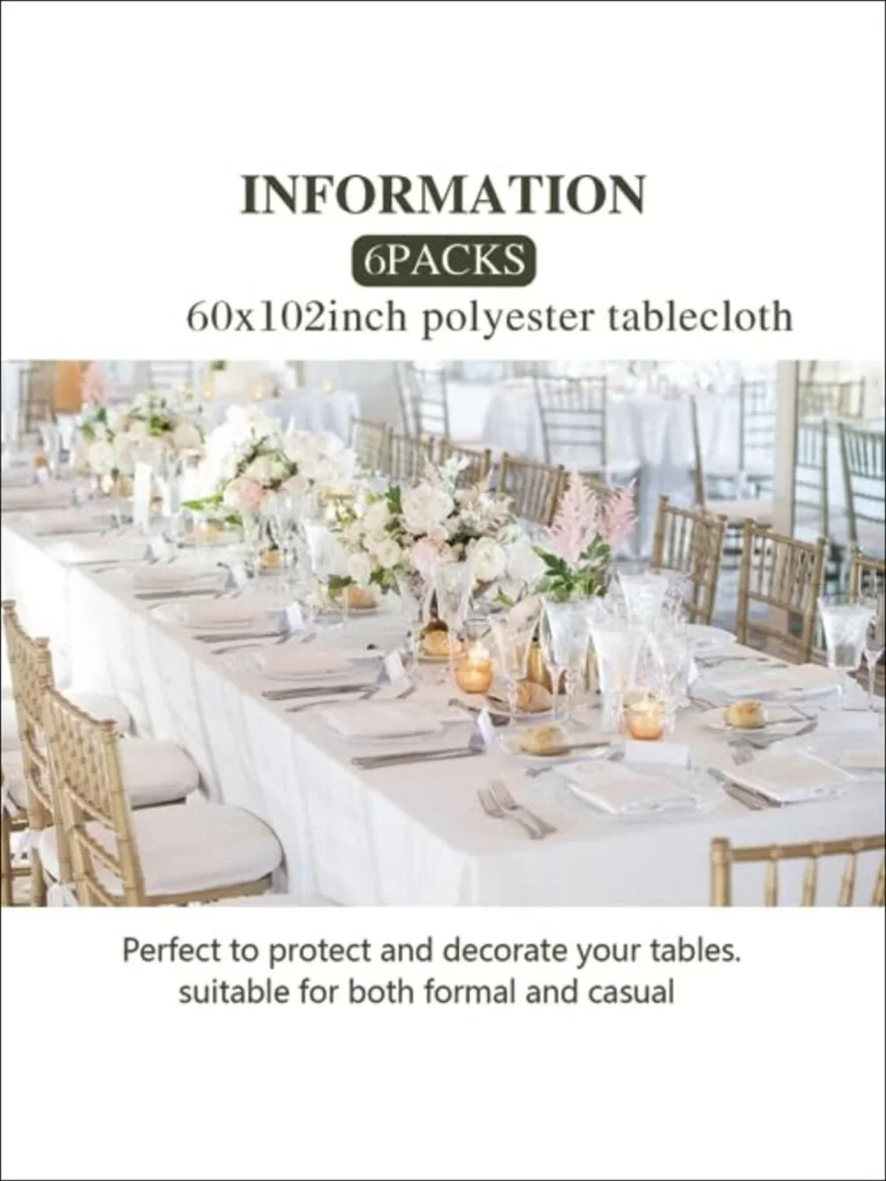 6 Pack Table Cloth Rectangle 60x102 Inch Polyester Washable Tablecloth for 6ft